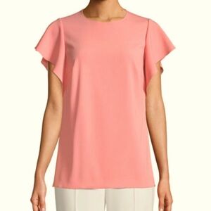 Escada Crewneck Cascade Ruffle Crepe Coral Blouse